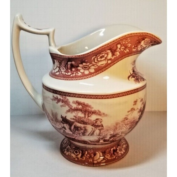 Vintage Red Toile Transfer wear Porcelain Pitcher French Farm Scene Farmhouse - Picture 2 of 9
